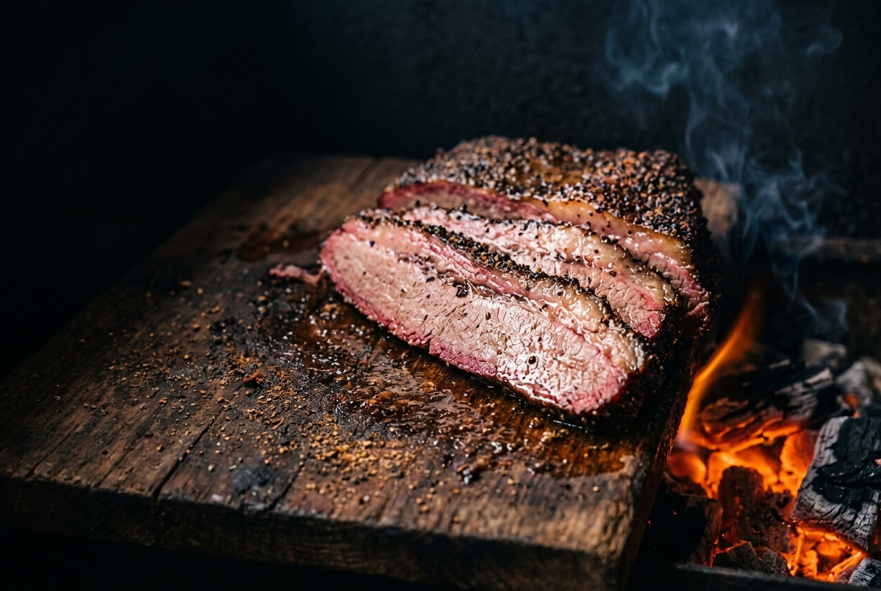 Sliced Texas smoked brisket with a deep smoke ring over glowing embers